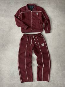 Men's Vintage Burgundy Piping Zip-Up Tracksuit Set