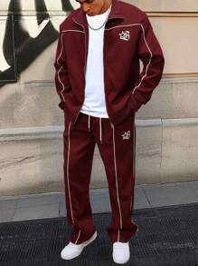 Men's Vintage Burgundy Piping Zip-Up Tracksuit Set