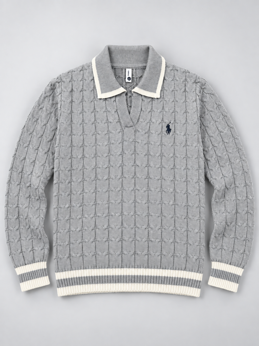 Men’s Cable Knit Polo Sweater – Classic Collared Knit Pullover