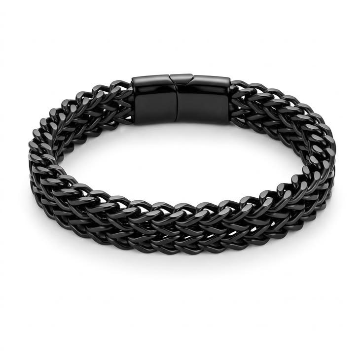 Men's Black Stainless Steel Cuban Chain & Wheat Link Bracelet