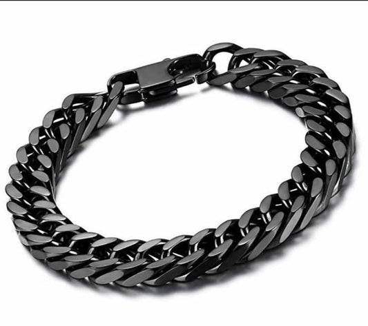 Men's Black Stainless Steel Cuban Chain & Wheat Link Bracelet