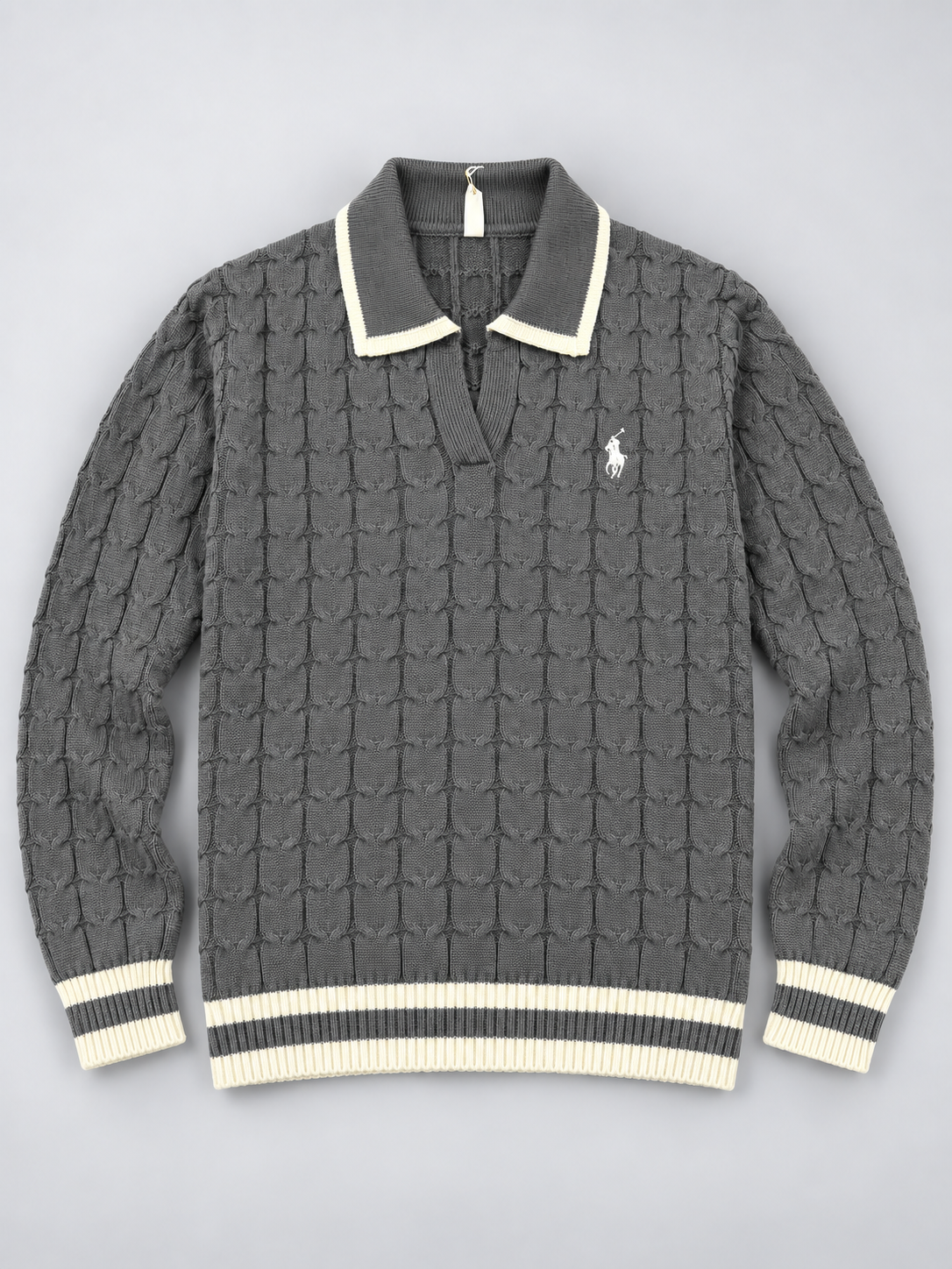 Men’s Cable Knit Polo Sweater – Classic Collared Knit Pullover