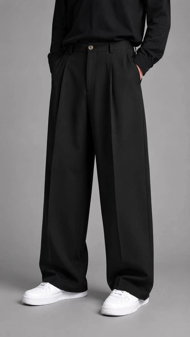 Men’s Relaxed Wide-Leg Tailored Trousers – Black