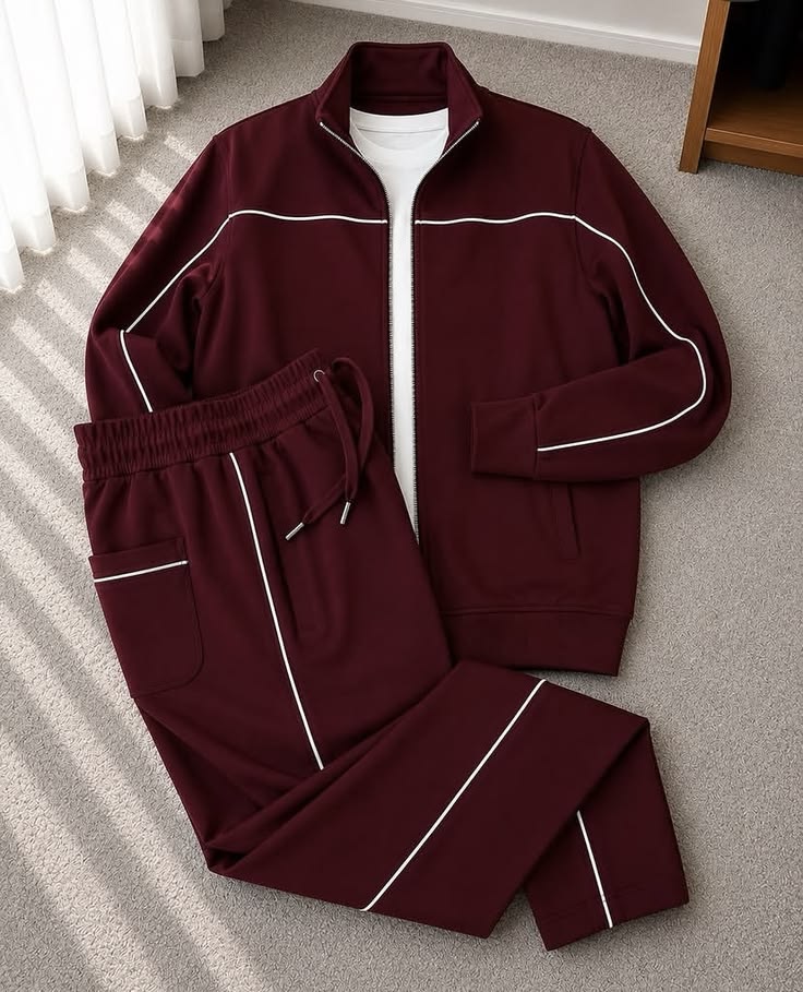 Men's Vintage Burgundy Piping Zip-Up Tracksuit Set