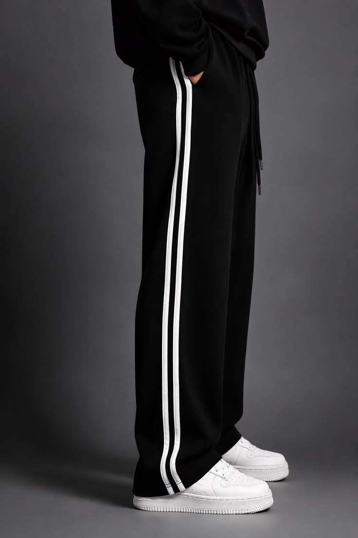 Men’s Black Wide-Leg Track Pants with Double Side Stripes