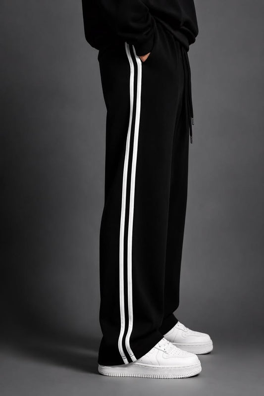 Men’s Black Wide-Leg Track Pants with Double Side Stripes